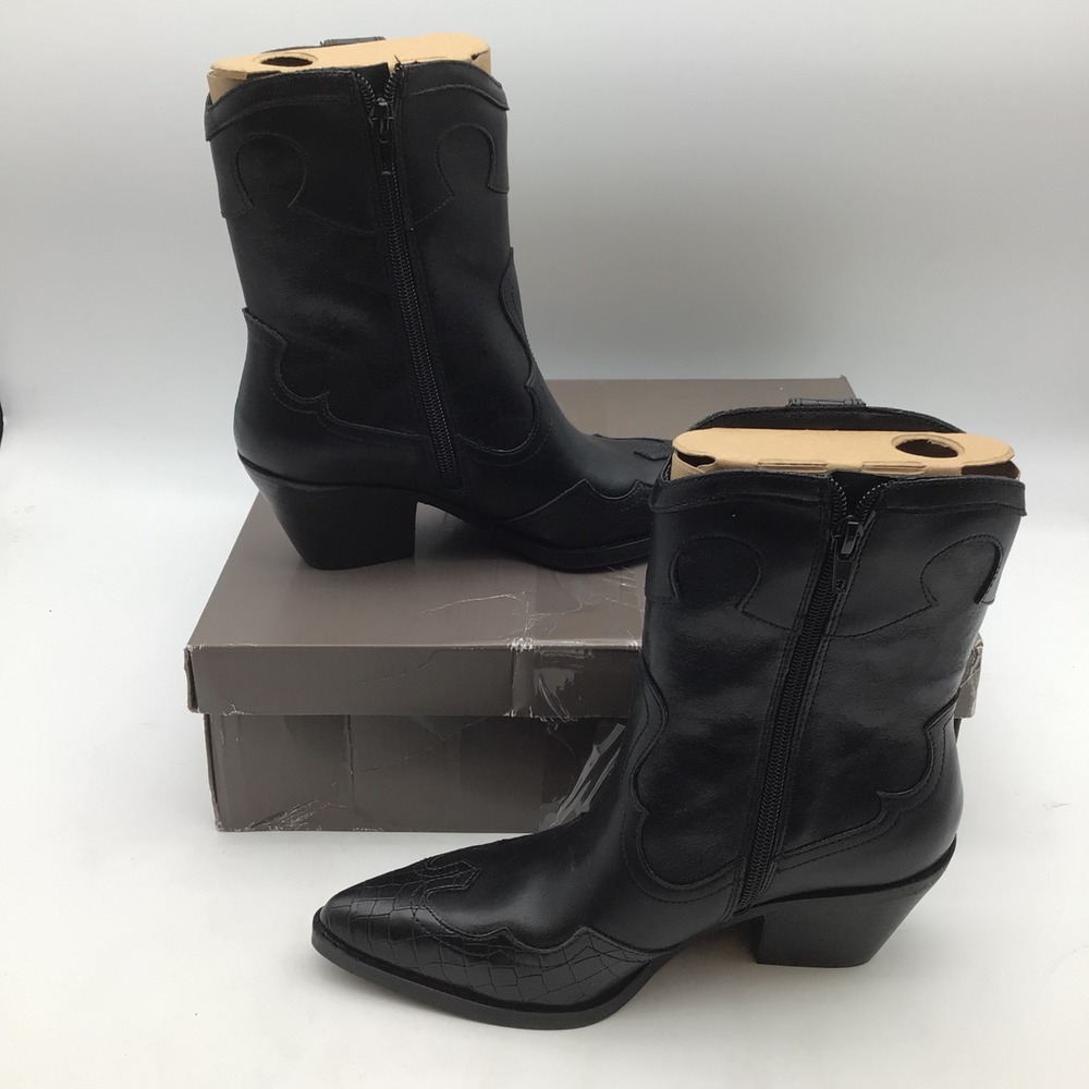 Crown Vintage Izzie Black‎ Leather Western Ankle Boots Croc Pointed Toe 6.5M NEW